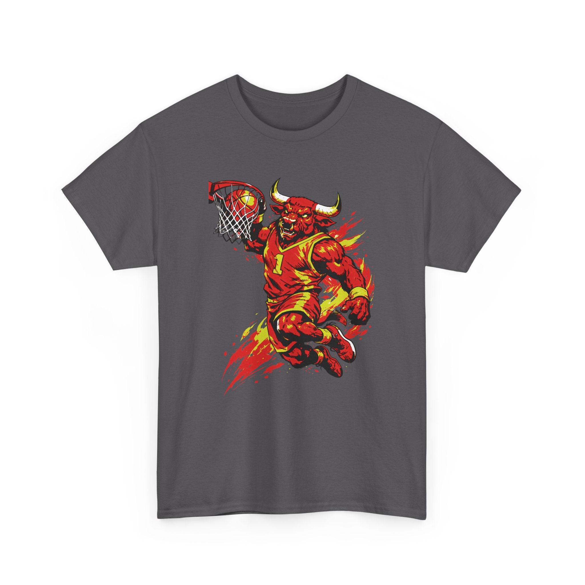 Gray t-shirt with a graphic of a bull dunking a basketball hoop on a white background