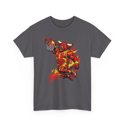 Gray t-shirt with a graphic of a bull dunking a basketball hoop on a white background