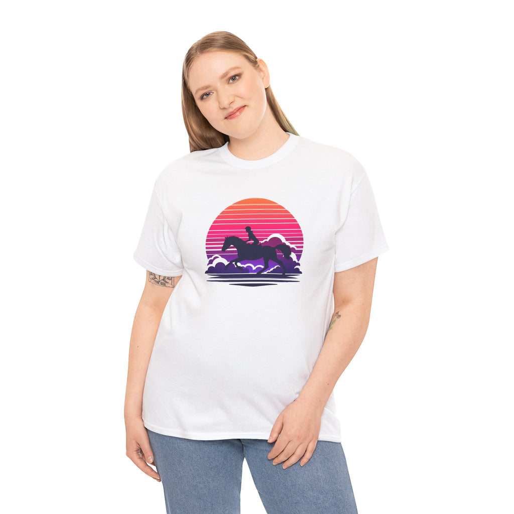 Woman Ride Horse Sunset T-Shirt — Retro Silhouette Beach Vibe Tee