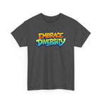 Gray t-shirt with 'Embrace Diversity' text in colorful letters on a white background