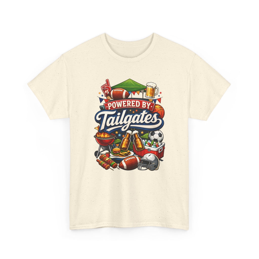 Beige t-shirt with 'Powered by Tailgates' graphic design on a white background