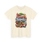 Beige t-shirt with 'Powered by Tailgates' graphic design on a white background