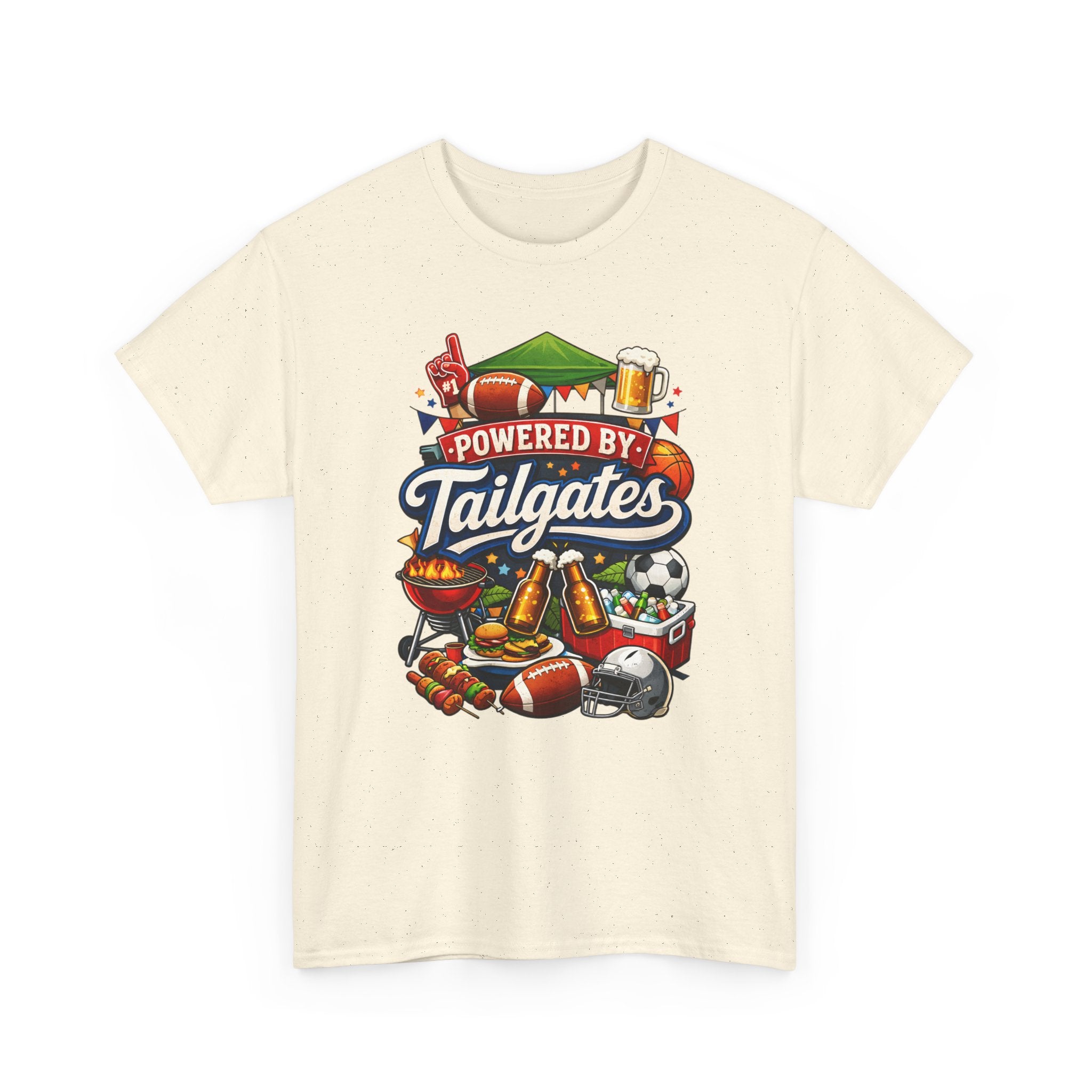 Beige t-shirt with 'Powered by Tailgates' graphic design on a white background