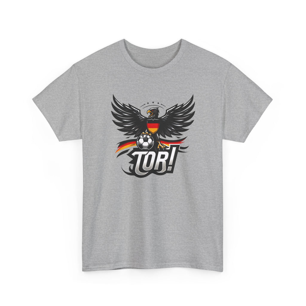 Gray t-shirt with a graphic design featuring an eagle and soccer ball on a white background