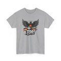 Gray t-shirt with a graphic design featuring an eagle and soccer ball on a white background