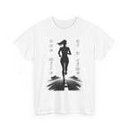 White t-shirt with a graphic of a runner and text 'one mile at a time' on a white background