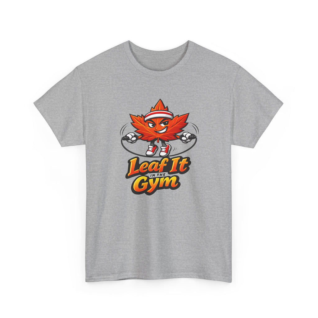 Gray t-shirt with a leaf-themed graphic and text on a white background