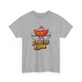 Gray t-shirt with a leaf-themed graphic and text on a white background
