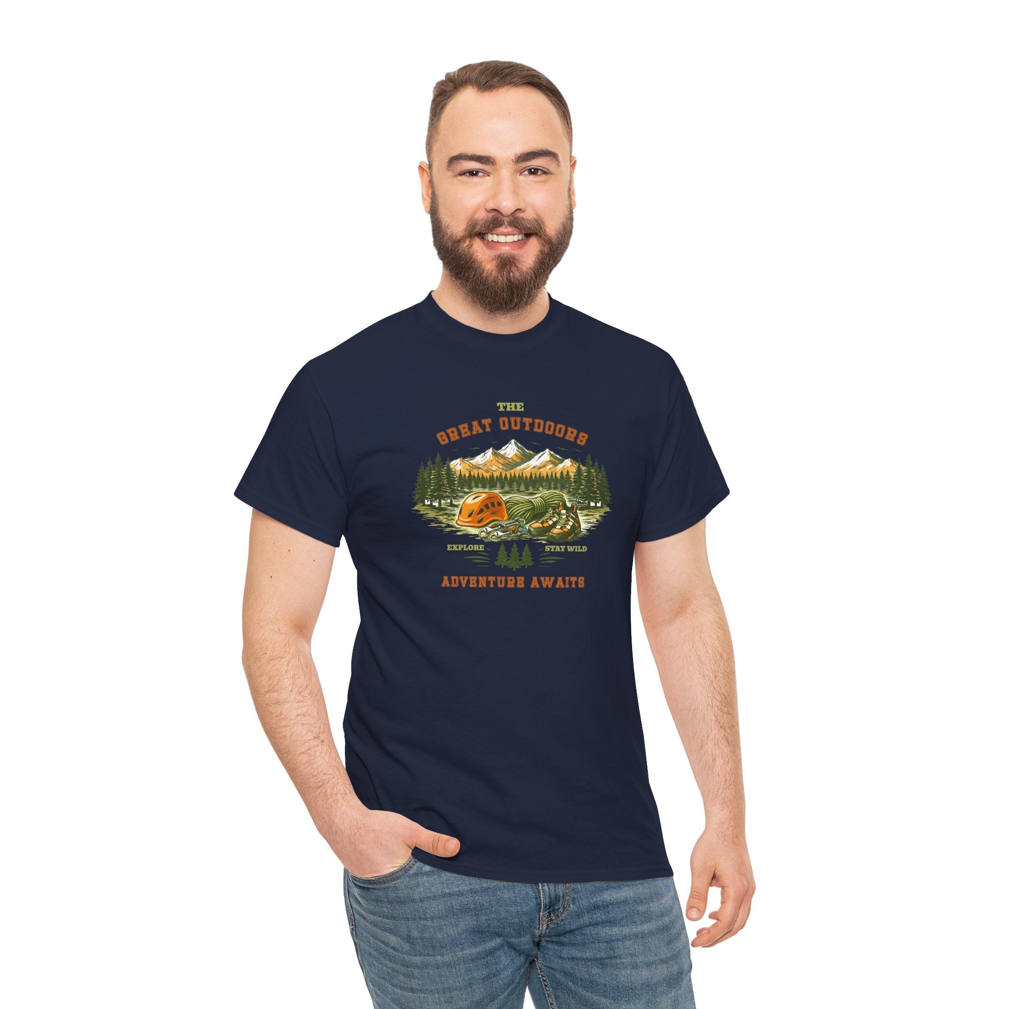 Rock Climbing Camping T-Shirt — "The Great Outdoors: Adventure Awaits" Graphic Tee