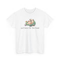 cartoon dog laying on a beanbag eating doughnut and text 'just here for the food' on a white background