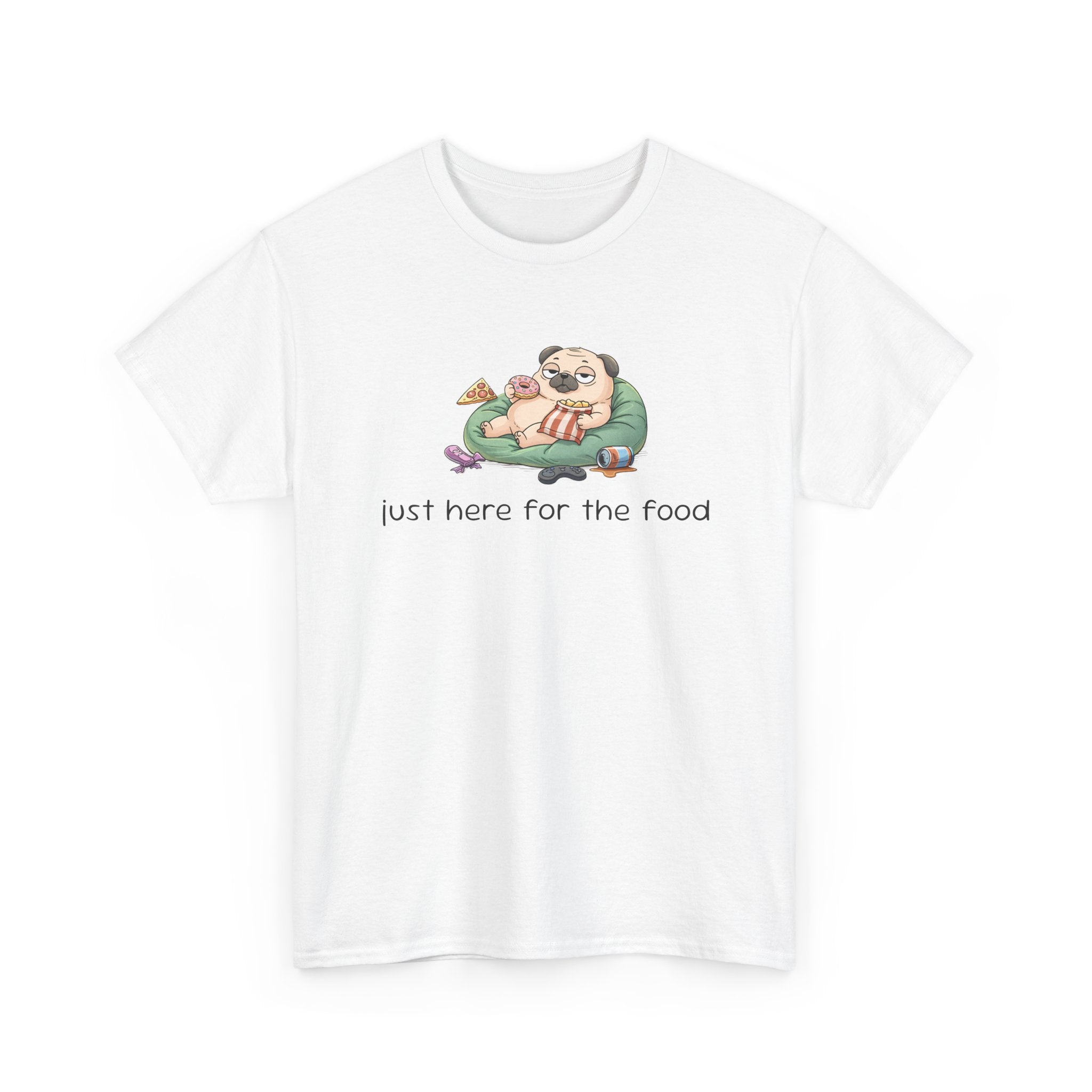 cartoon dog laying on a beanbag eating doughnut and text 'just here for the food' on a white background