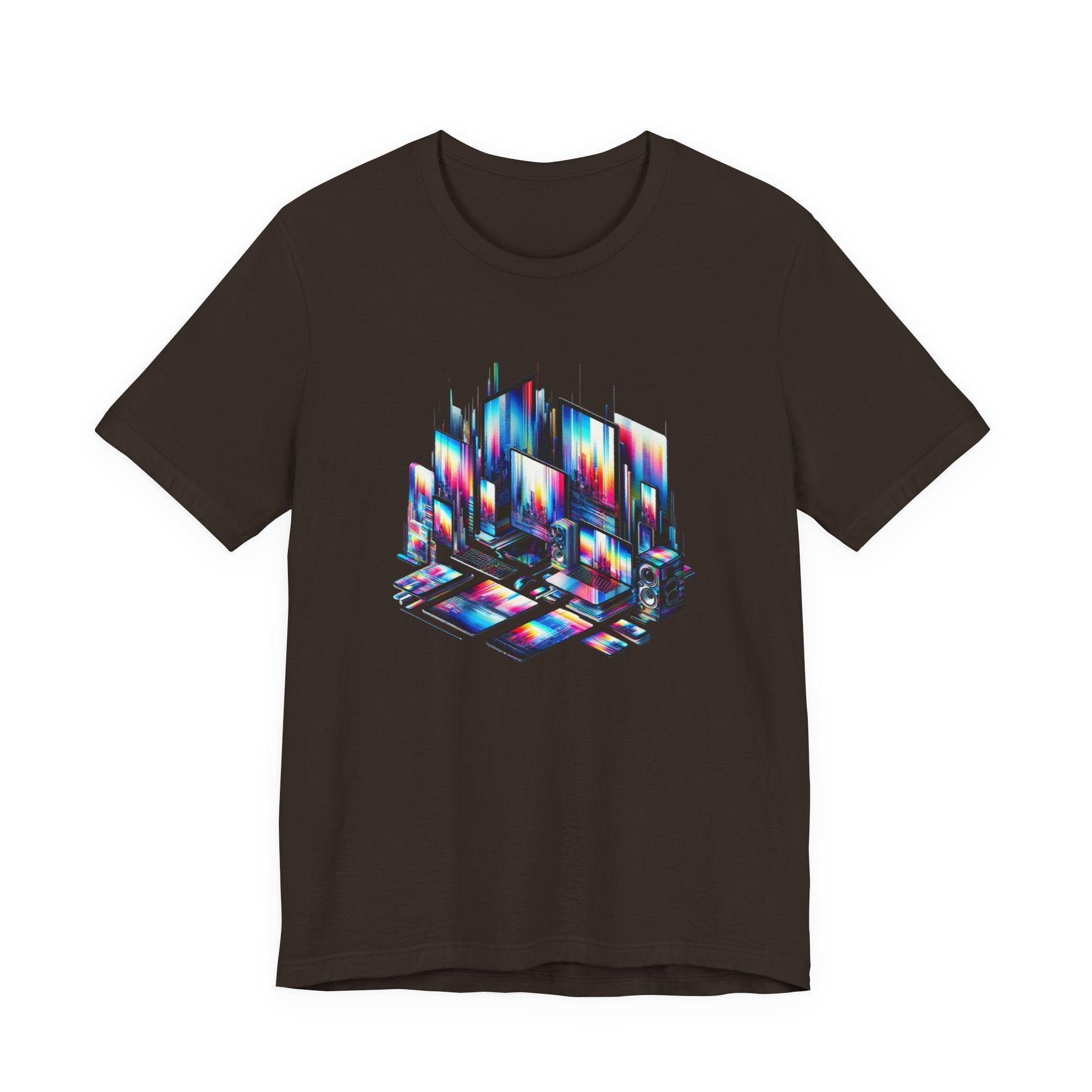 Retro Glitch City T-Shirt — Neon Vaporwave Pixel Tech Devices Tee