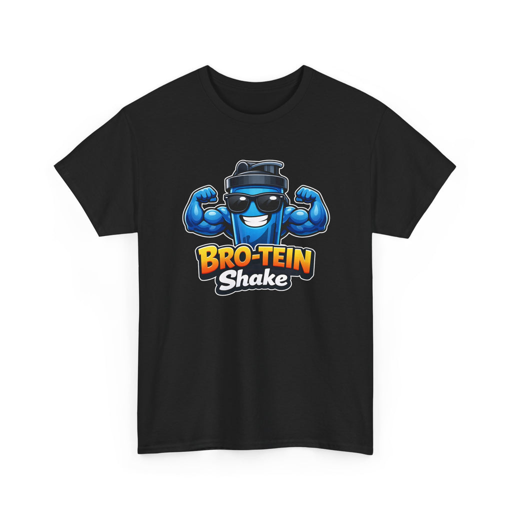 Black t-shirt with 'Bro-Tein Shake' graphic on a white background