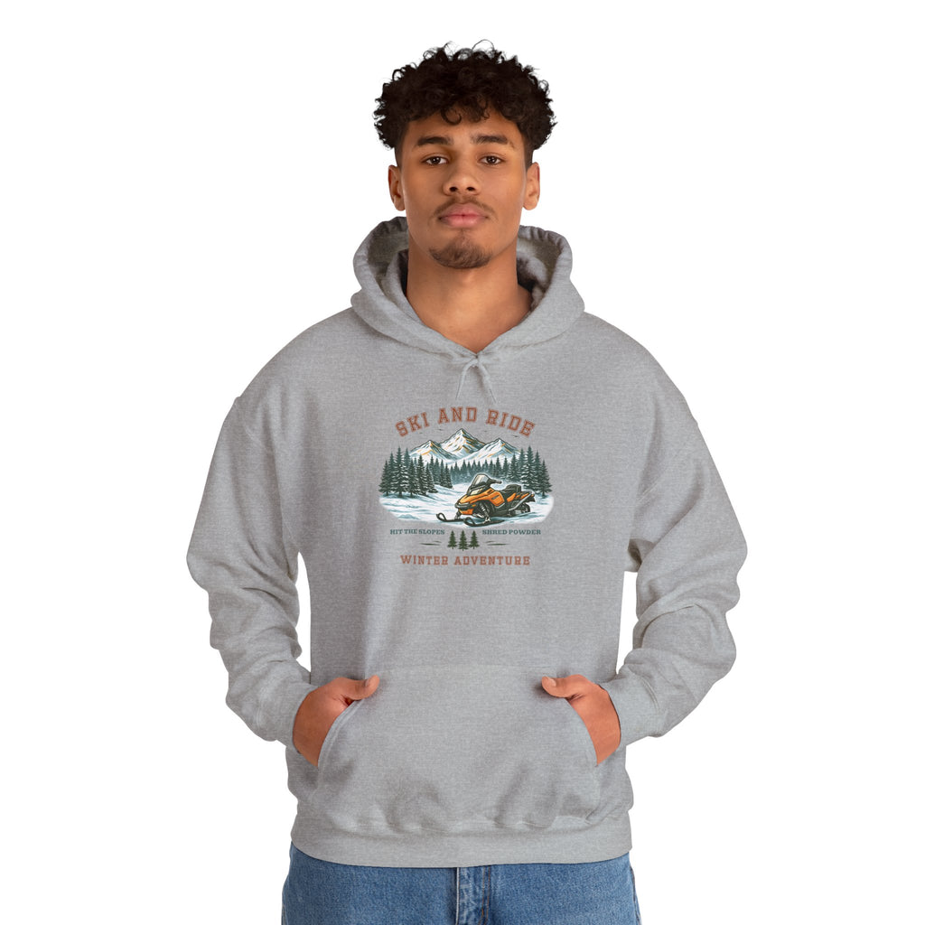 Snowmobile Ski and Ride Hoodie — Vintage Mountain Winter Adventure Pullover