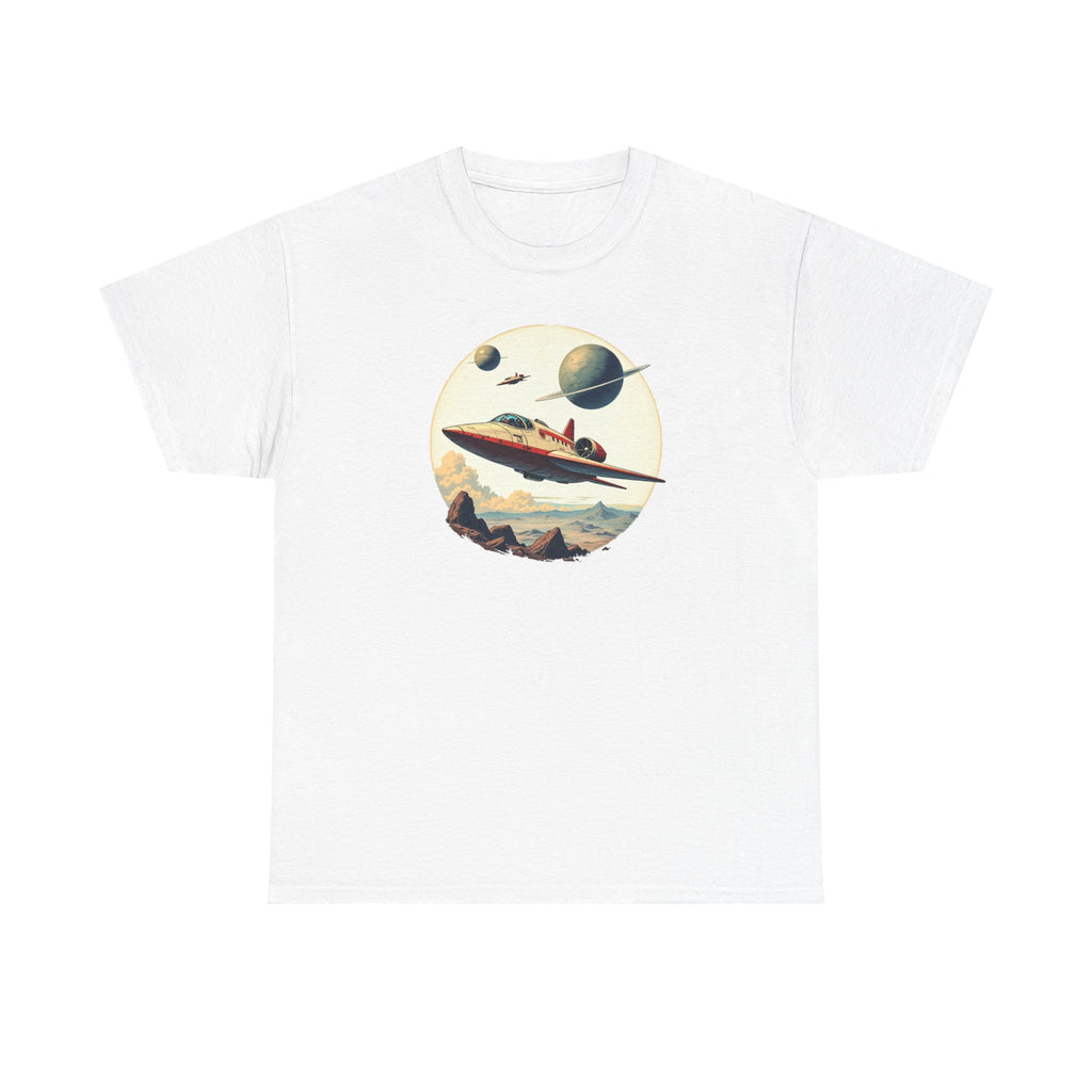 T shirt with retro sci-fi illustration of a futuristic spaceship flying over a rocky alien landscape with distant mountains and ringed planets in the sky, evoking space exploration and vintage science fiction.