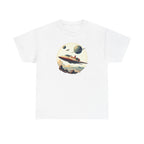 T shirt with retro sci-fi illustration of a futuristic spaceship flying over a rocky alien landscape with distant mountains and ringed planets in the sky, evoking space exploration and vintage science fiction.
