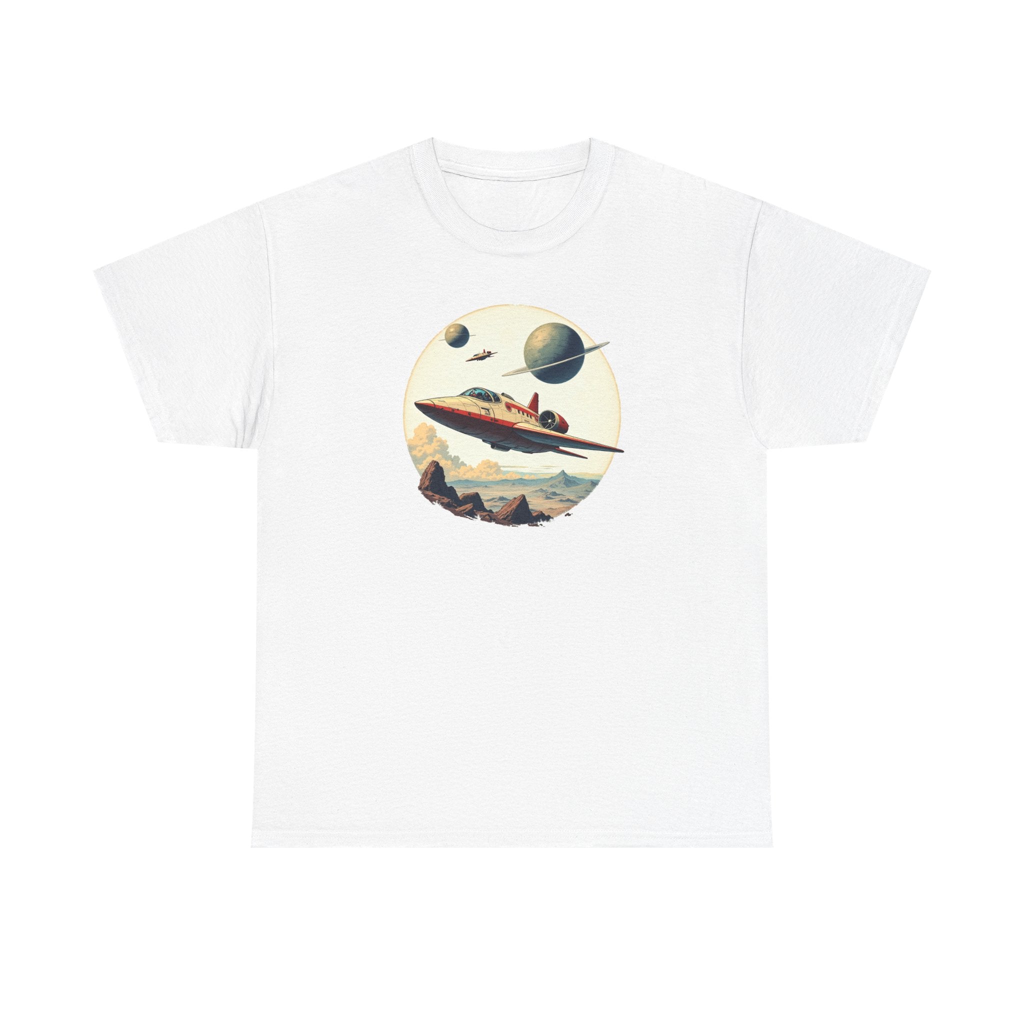T shirt with retro sci-fi illustration of a futuristic spaceship flying over a rocky alien landscape with distant mountains and ringed planets in the sky, evoking space exploration and vintage science fiction.