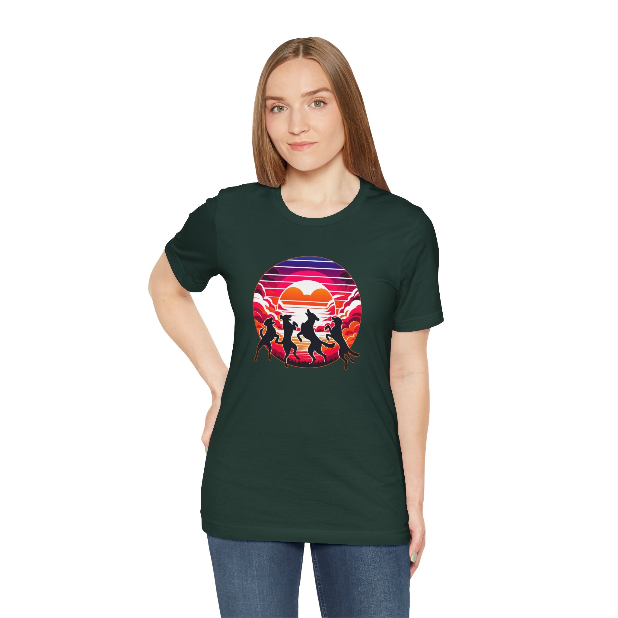 Retro Sunset Dancing Dogs T-Shirt — Vintage Rainbow Skyline Graphic Tee