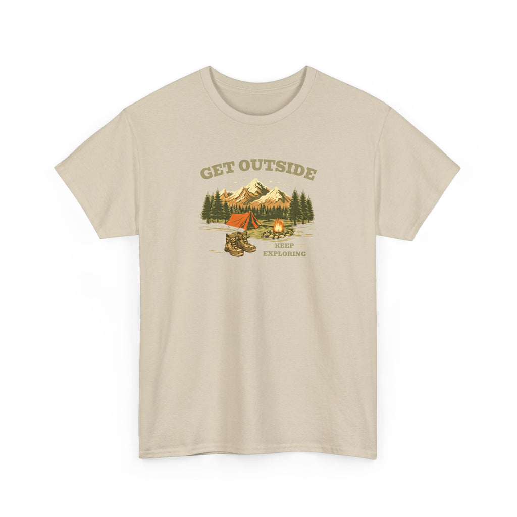 Get Outside Camping T-Shirt — Retro Mountain Tent & Campfire Tee