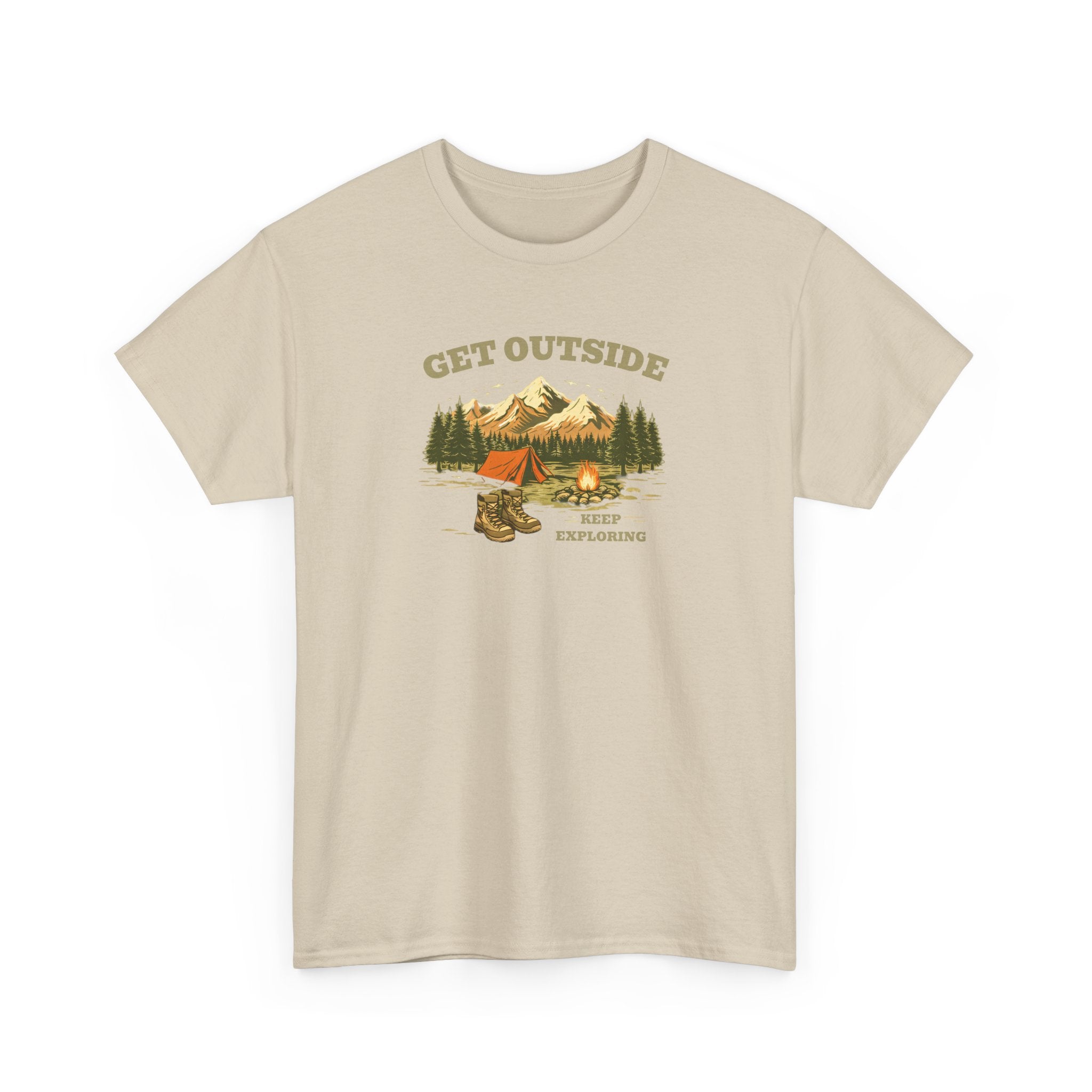 Get Outside Camping T-Shirt — Retro Mountain Tent & Campfire Tee
