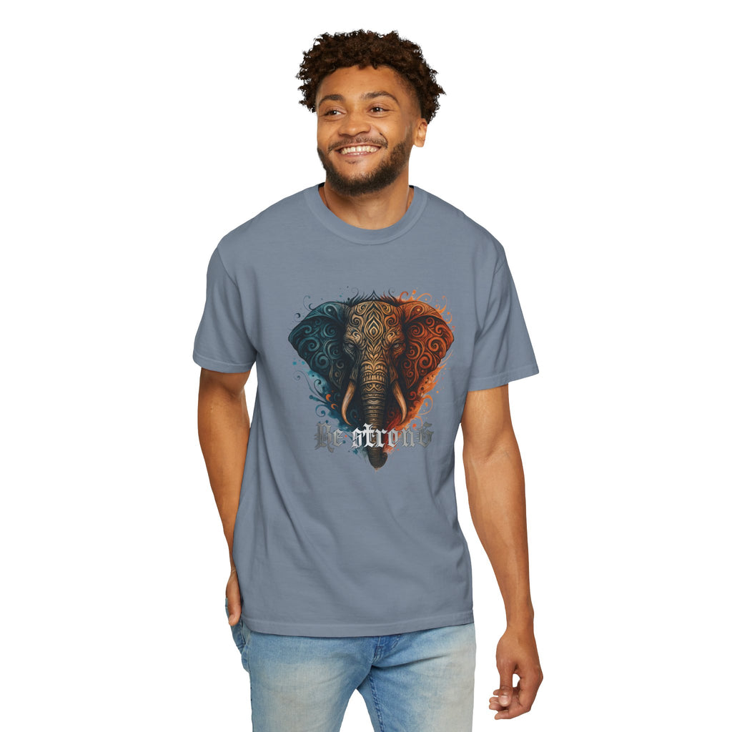 Elephant Head Graphic Tee — 'Be Strong' Tribal Art T-Shirt