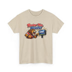 Beige t-shirt with a graphic of a bear holding a sign that says 'Review This Nerds!' on a white background.