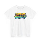 White t-shirt with 'Embrace Diversity' text in colorful letters on a white background