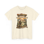 Beige t-shirt with a graphic of a hiker and mountain scene, featuring text 'Peak Baggers Anonymous'.
