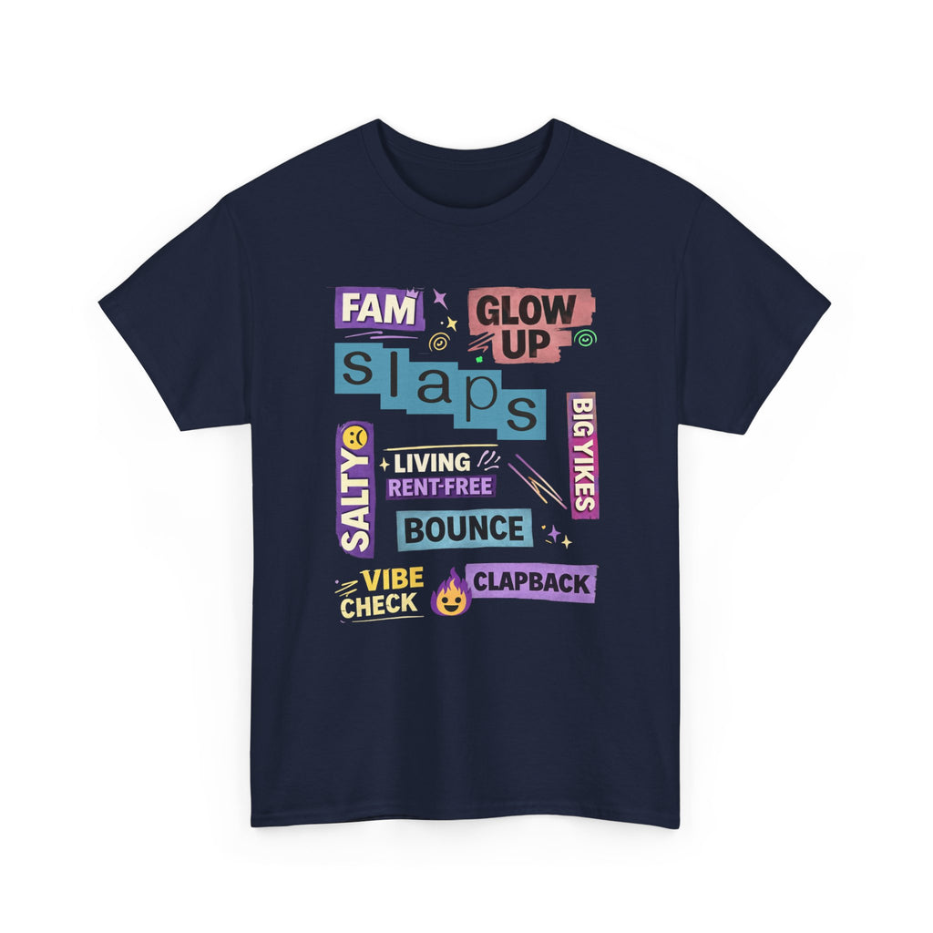 Navy blue t-shirt with colorful text design of gen z slang on a white background