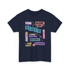 Navy blue t-shirt with colorful text design of gen z slang on a white background