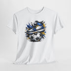 Soccer Cleat Splash T‑Shirt – Blue Sneaker on Ball Graphic Tee