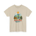 Beige t-shirt with 'Airplane Mode Weekend' graphic design on a white background