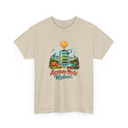 Beige t-shirt with 'Airplane Mode Weekend' graphic design on a white background