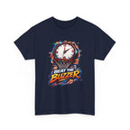Navy blue t-shirt with 'Beat the Buzzer' graphic design featuring a clock and basketball hoop on a white background.