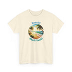 a beach graphic with palm trees in the middle with the text 'beach? shell yeah!'