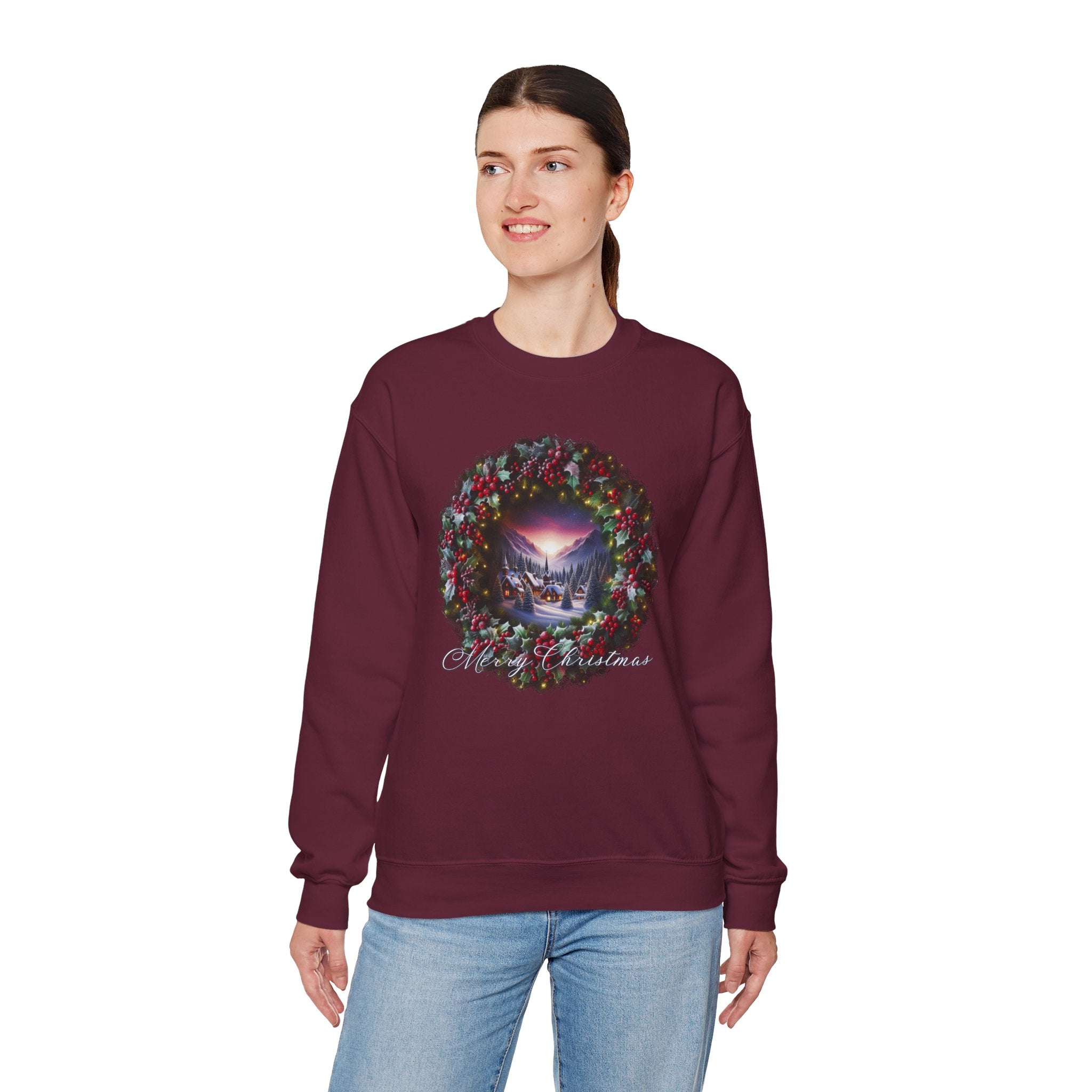 Christmas Wreath Crewneck Sweatshirt — Vintage Winter Scene Christmas Wishes