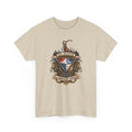 Beige t-shirt with mountain-themed graphic of ibex and mountain climbing gear and text 'go higher the mountain is calling' on a white background