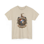 Beige t-shirt with mountain-themed graphic of ibex and mountain climbing gear and text 'go higher the mountain is calling' on a white background