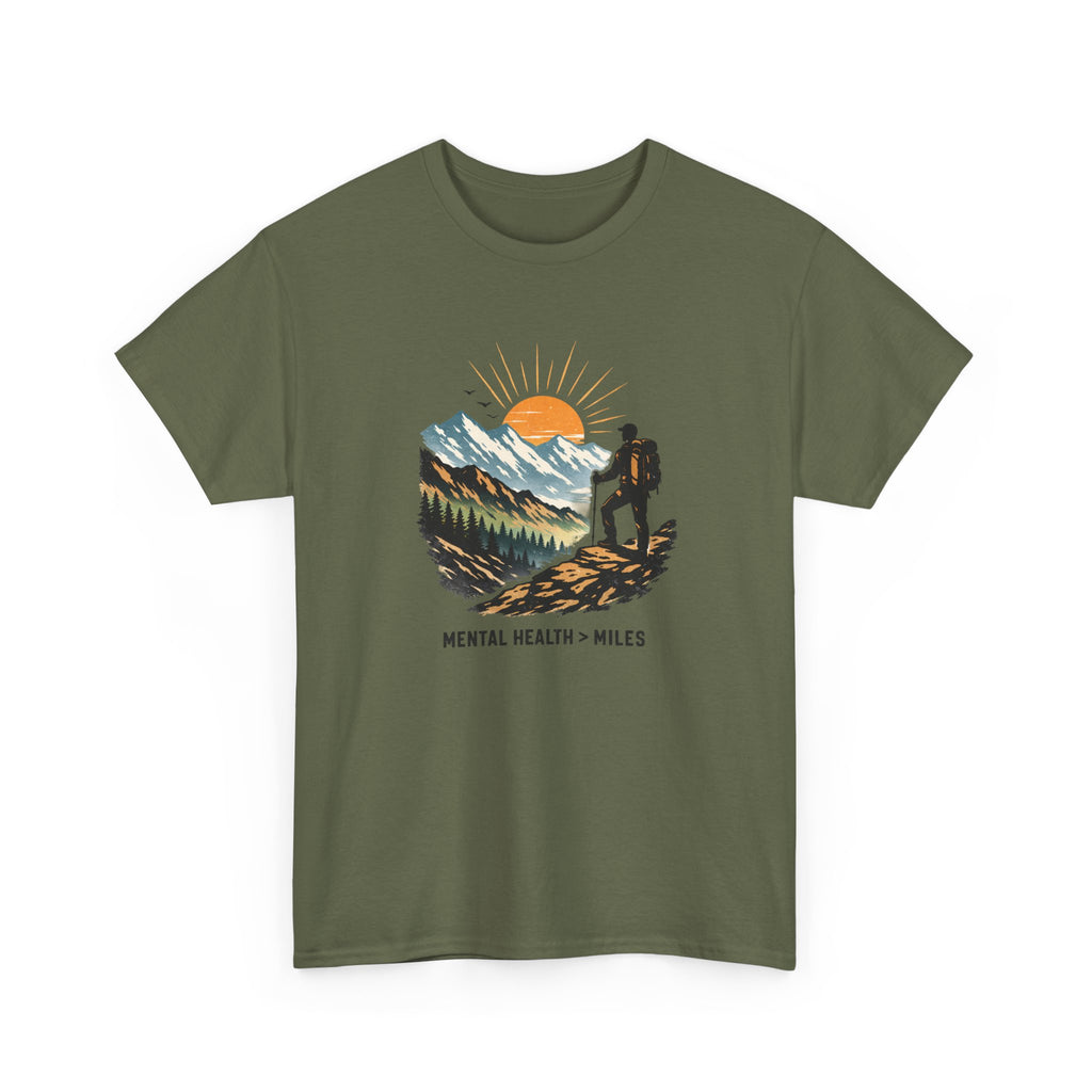 Hiking Graphic Tee — "Mental Health Greater Than Miles" Mountain Sunset Shirt