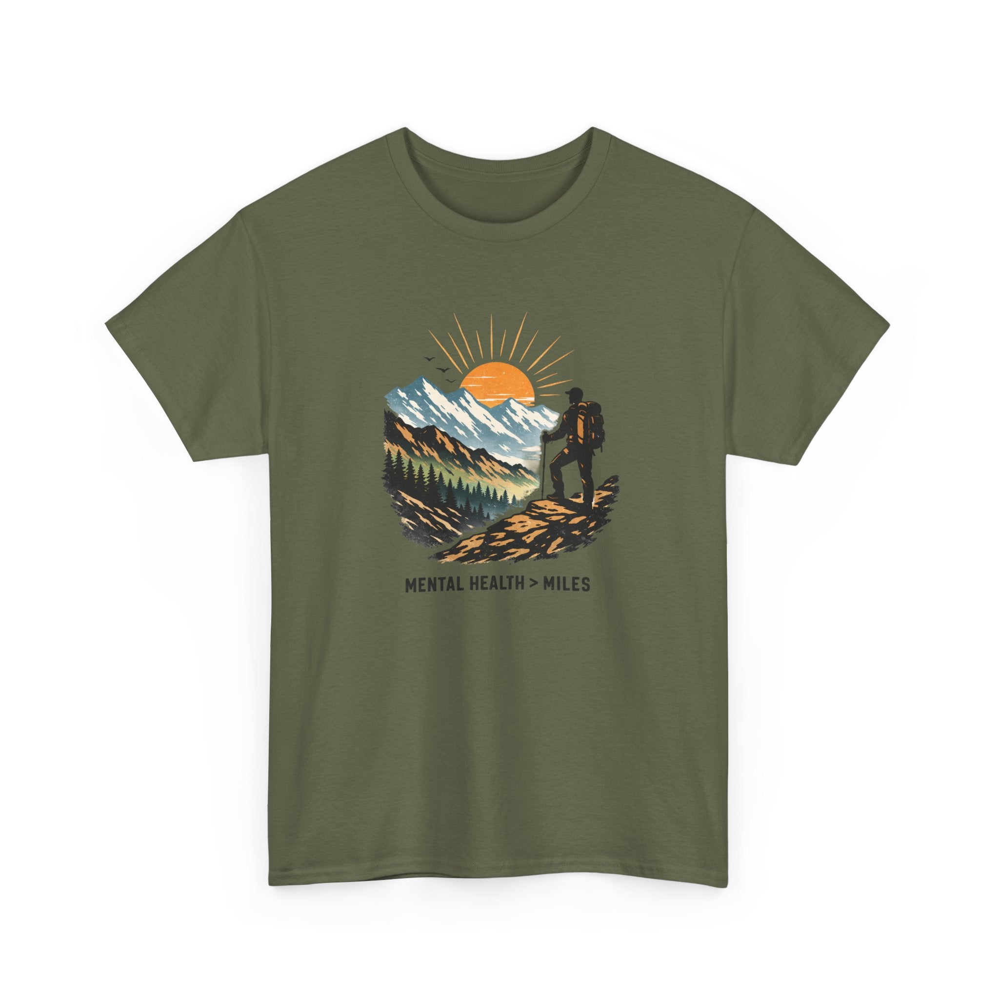 Hiking Graphic Tee — "Mental Health Greater Than Miles" Mountain Sunset Shirt