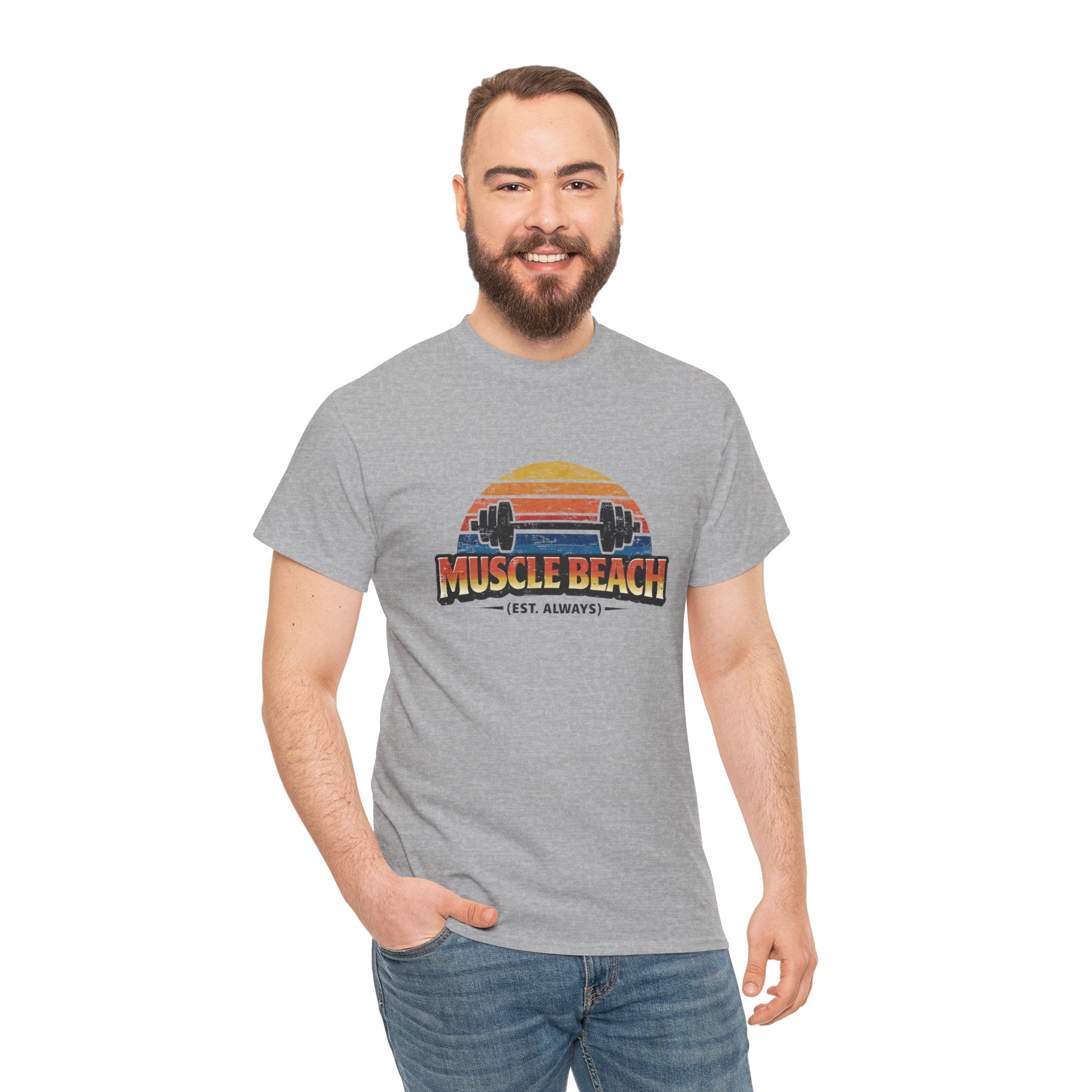 Retro Muscle Beach Tee – Vintage Sunset Barbell Fitness Shirt (Est. Always)