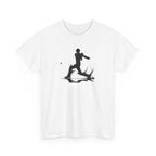White t-shirt with black graphic of a person playing cricket and a ball on a white background