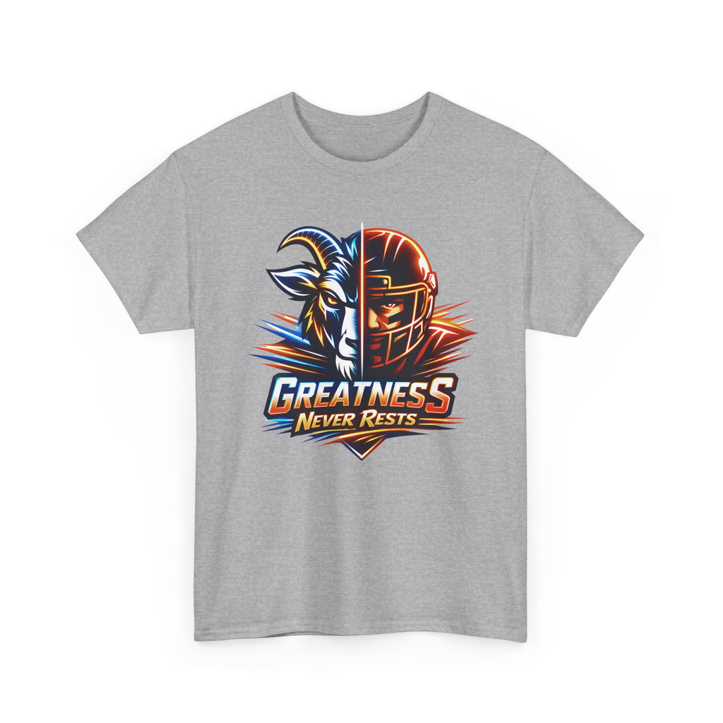 Greatness Never Rests Football T-Shirt — Goat & Helmet Sports Tee