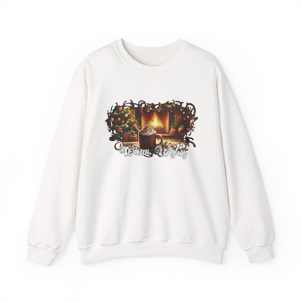 Cozy Christmas illustration featuring a glowing fireplace, decorated tree, holiday stockings, and a mug of hot cocoa with whipped cream, with the festive phrase ‘Warm Wishes’ displayed below.