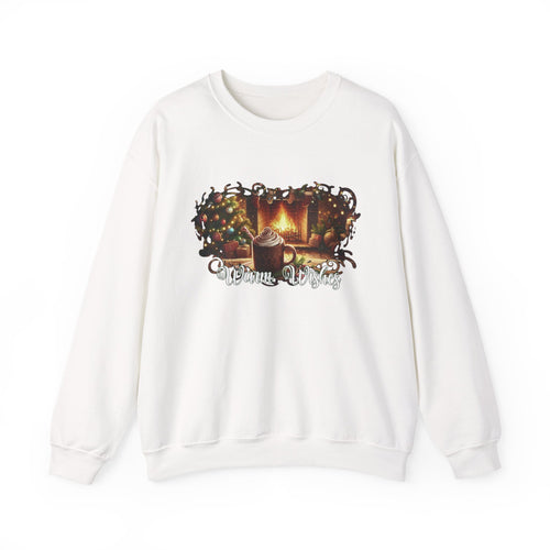 Cozy Christmas illustration featuring a glowing fireplace, decorated tree, holiday stockings, and a mug of hot cocoa with whipped cream, with the festive phrase ‘Warm Wishes’ displayed below.