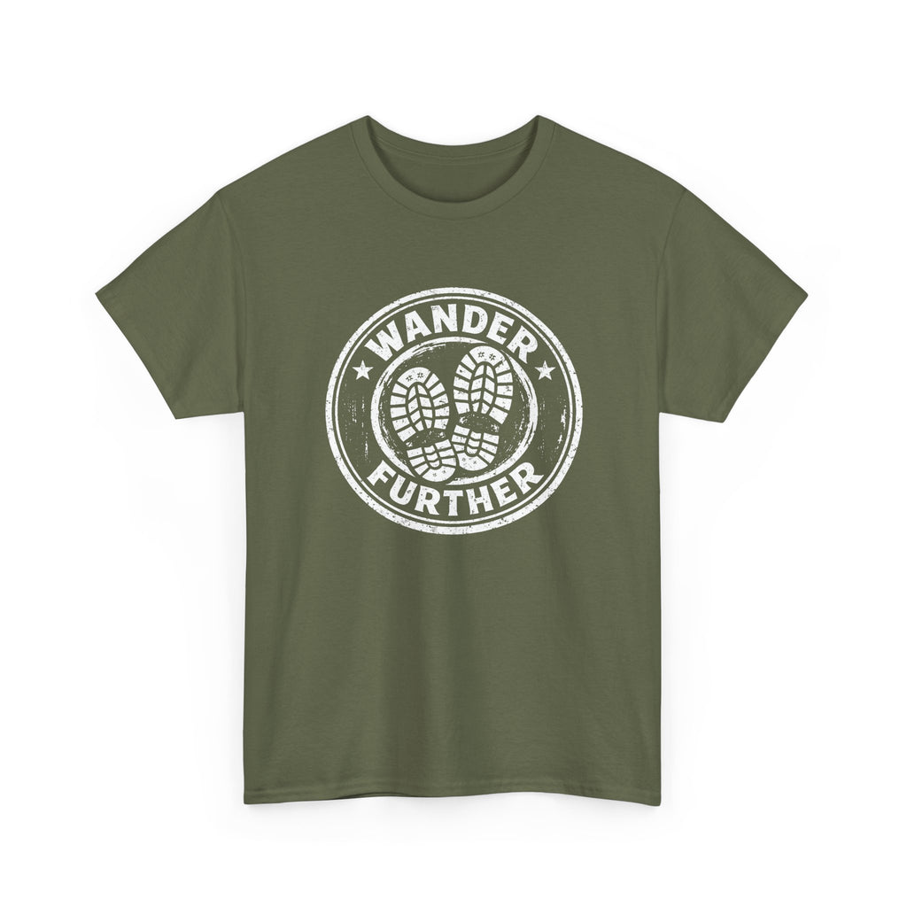 Green t-shirt with 'Wander Further' graphic on a white background