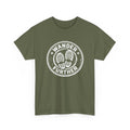 Green t-shirt with 'Wander Further' graphic on a white background
