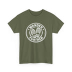 Green t-shirt with 'Wander Further' graphic on a white background