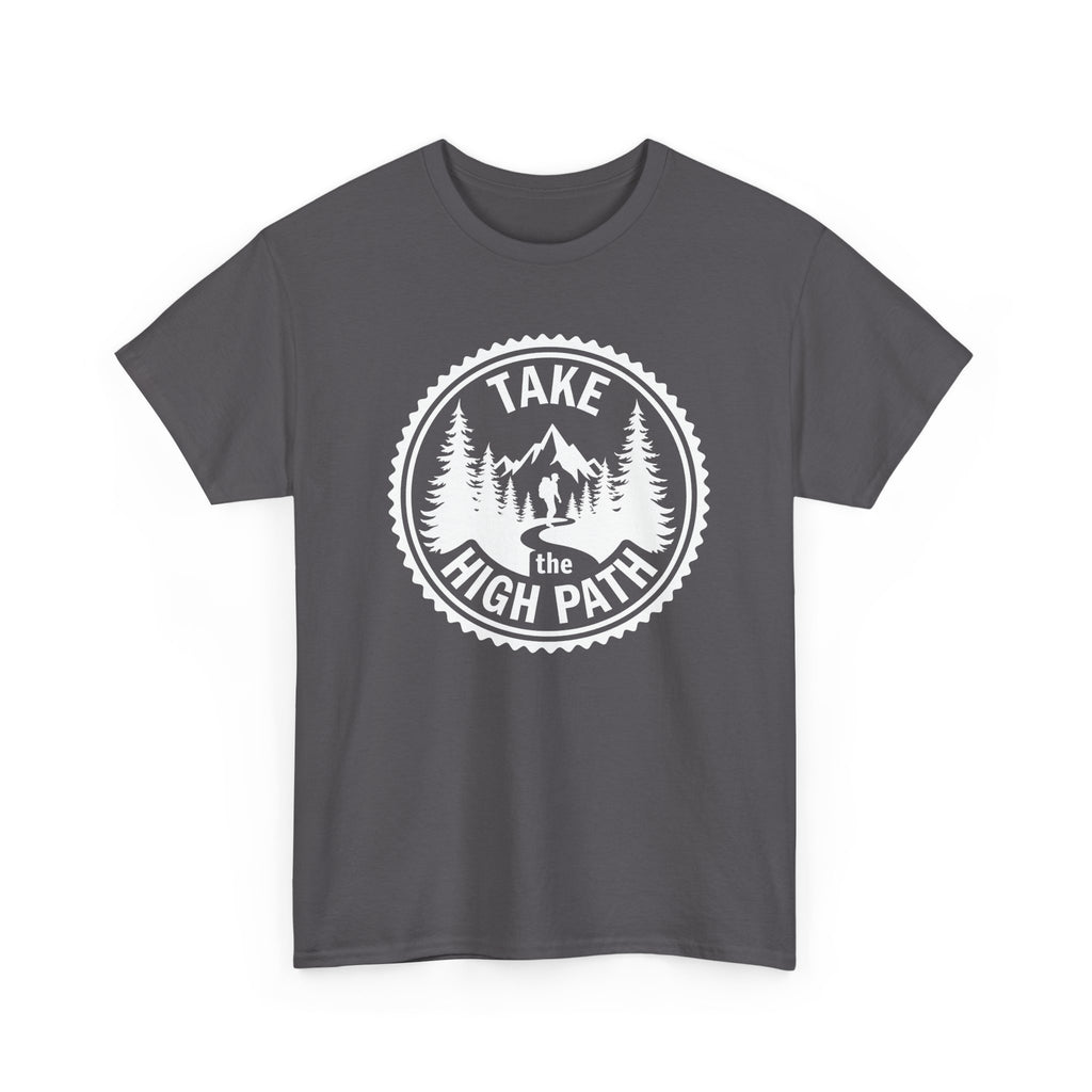 Gray t-shirt with 'Take the High Path' graphic design on a white background