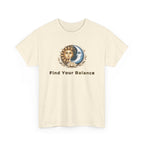 Beige t-shirt with sun and moon design and 'Find Your Balance' text on a white background
